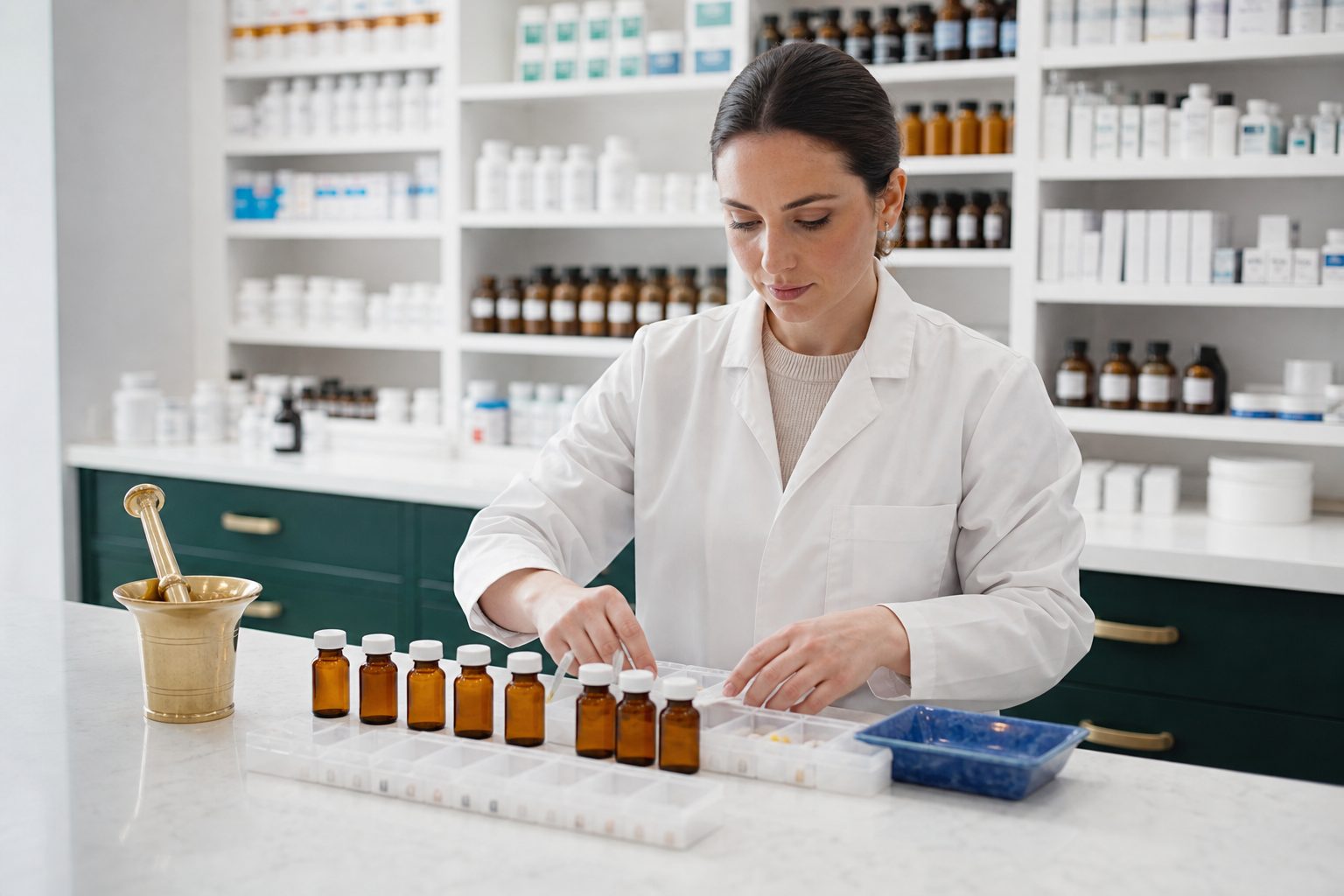 Pharmacist arranging amber vials and weekly pill organizers on a white counseling counter beside a brass mortar and pestle