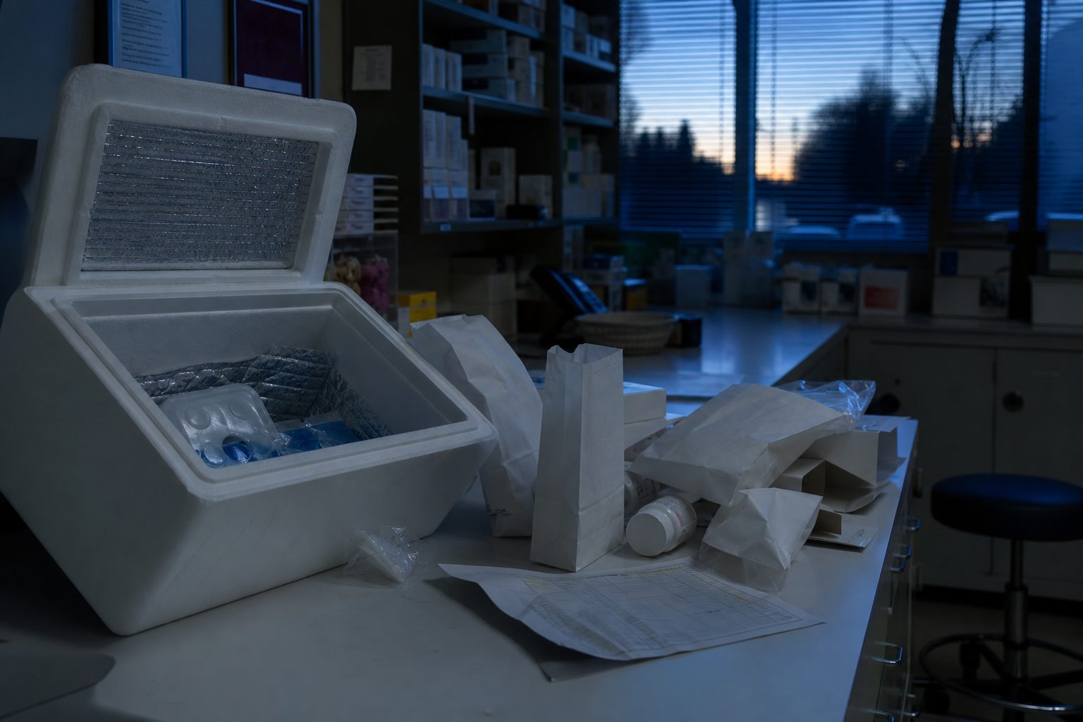 Cluttered delivery staging bench at dusk with an open cooler, melting gel packs and tipped over paper pharmacy bags