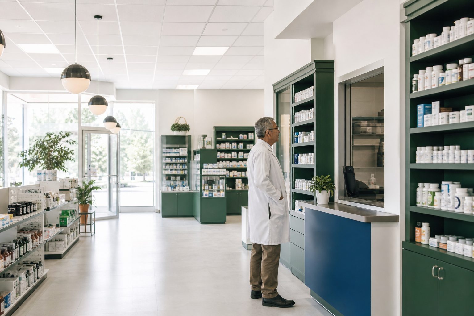 Owner standing in the wide aisle of an independent community pharmacy with deep green shelving at opening hour