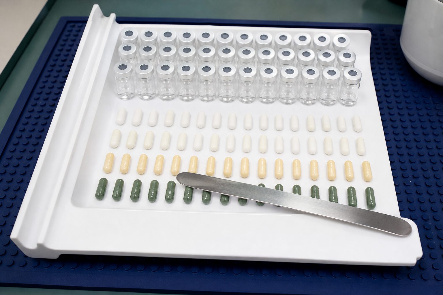 Capsules and thirty day vials laid out in an even counting grid on a white pharmacy tray under soft daylight