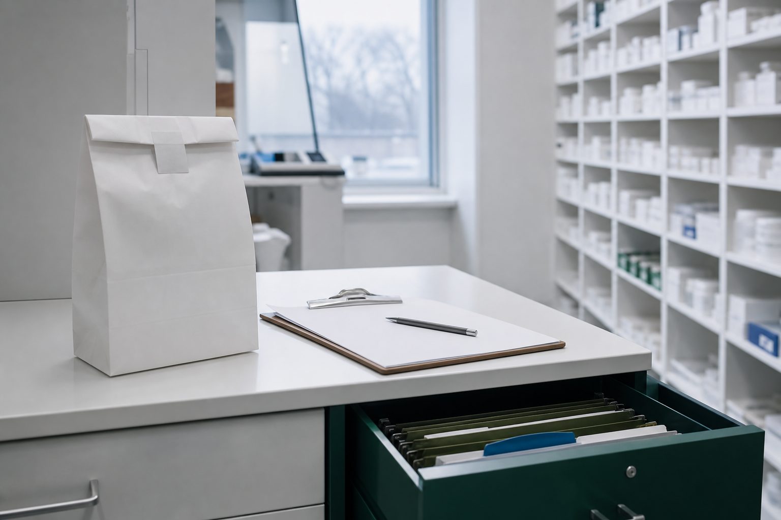 Sealed pharmacy delivery bag and a signature clipboard on a white desk beside a green drawer of delivery logs