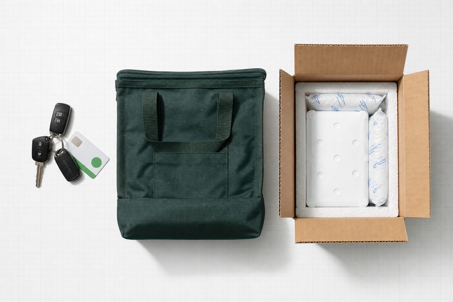 Overhead view of car keys, a courier tote and a foam lined shipping box arranged in three groups on a white table