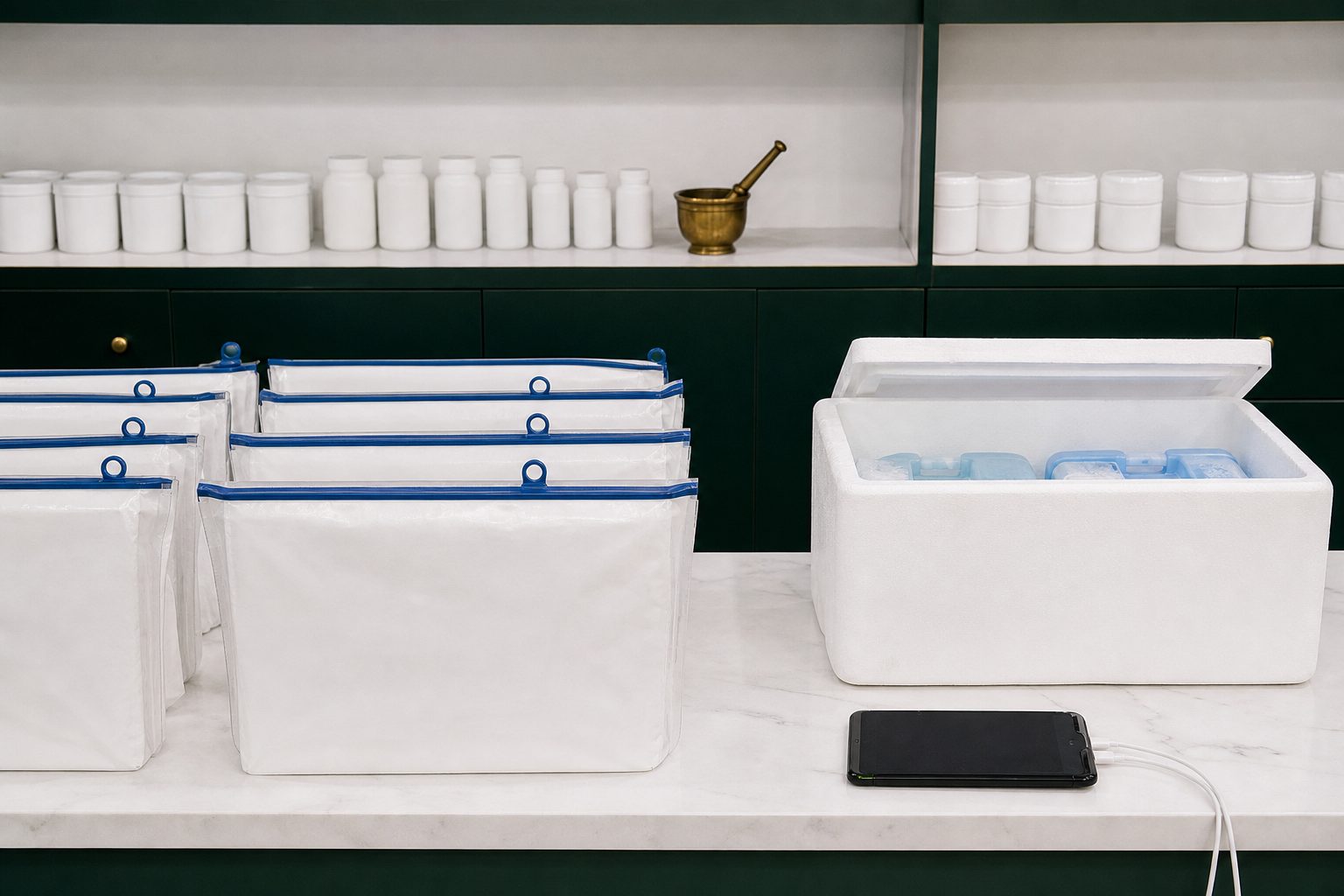 Staging table of sealed delivery totes, an insulated cooler with gel packs and a charging signature tablet
