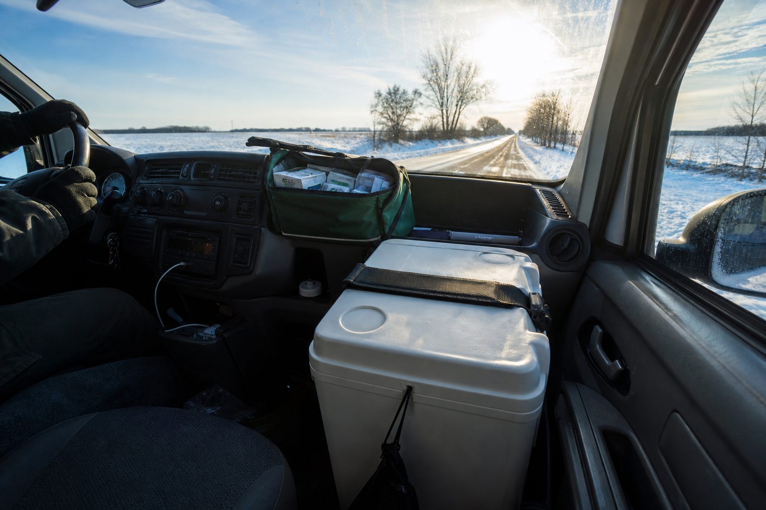 View from a delivery van passenger seat on a snowy rural road with an insulated cooler strapped in the footwell