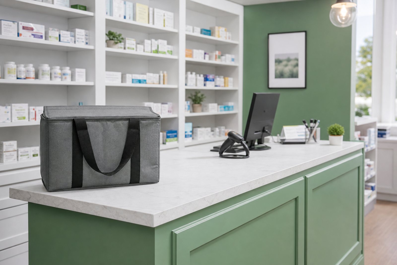 Interior counter of an independent community pharmacy with organized medication shelving and a delivery tote ready to load